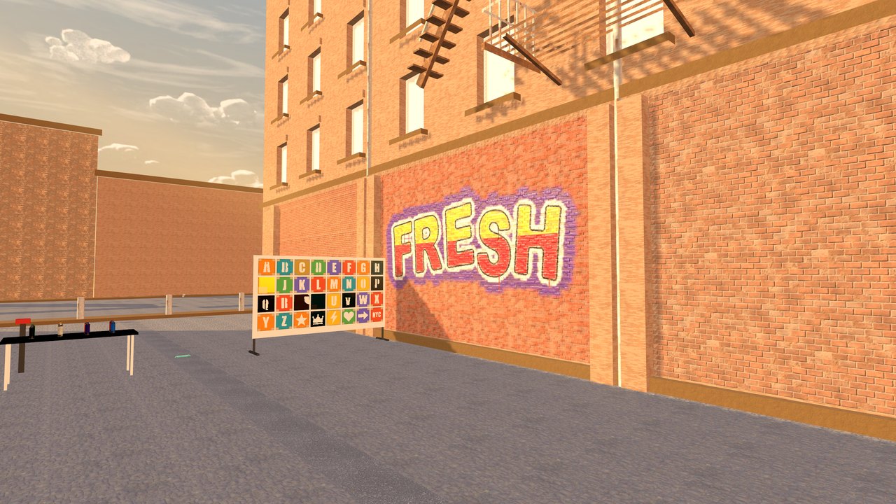 The alley at golden hour with pieces on the brick