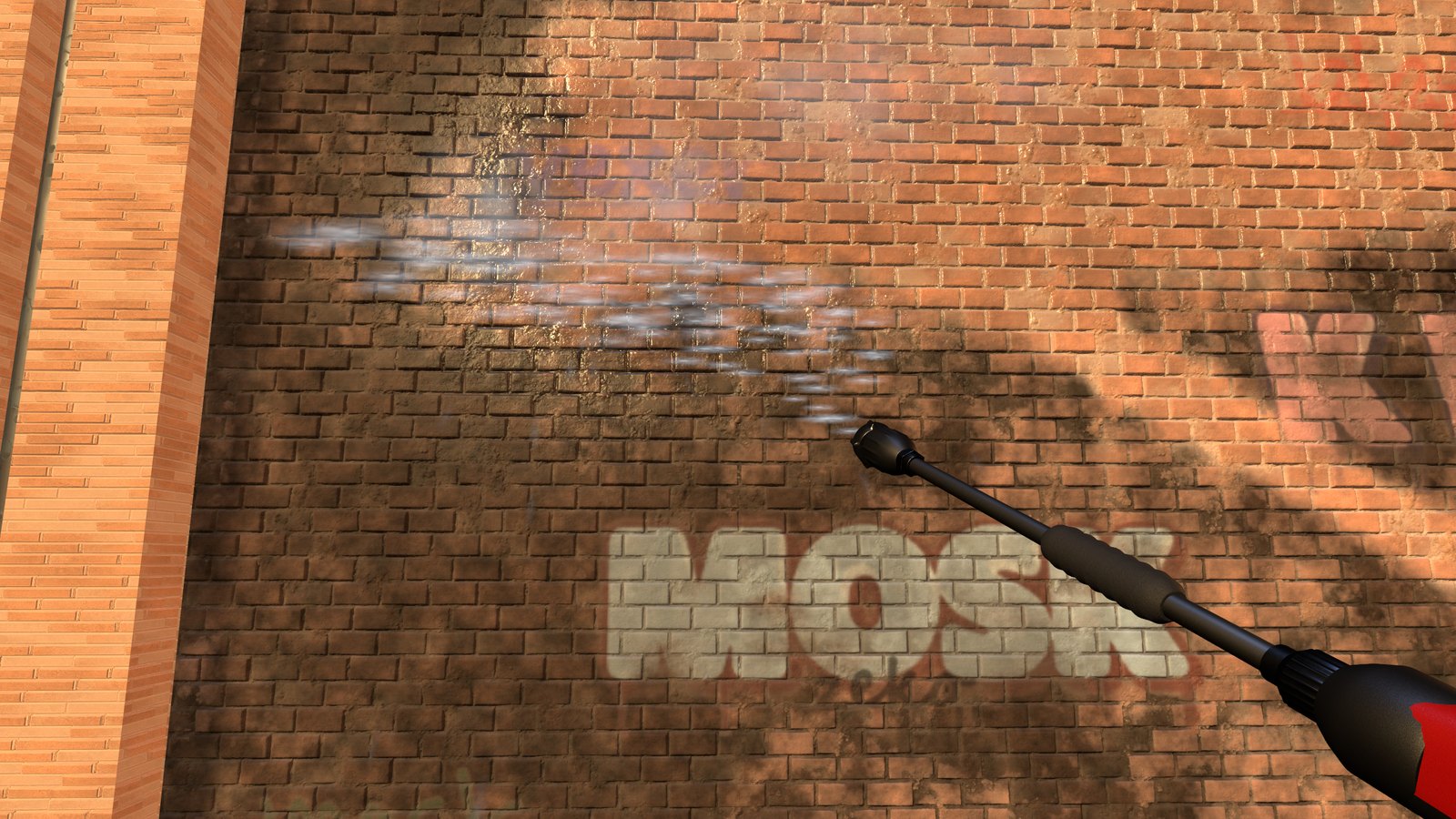 The fan tip sweeping a brick wall clean