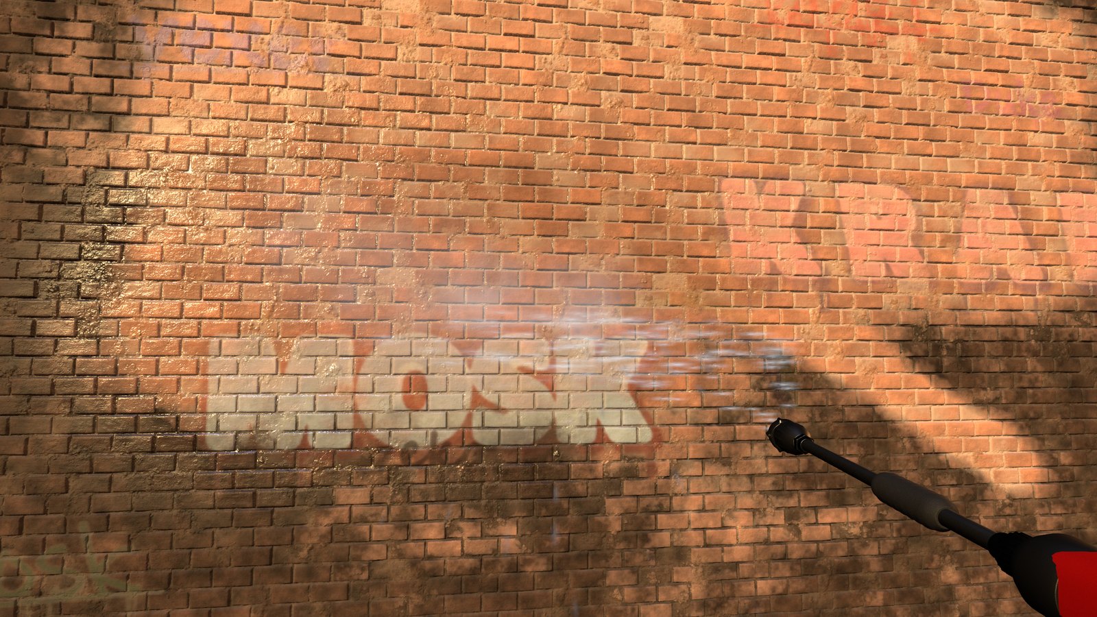 A wall half washed, clean wet brick beside the dirt