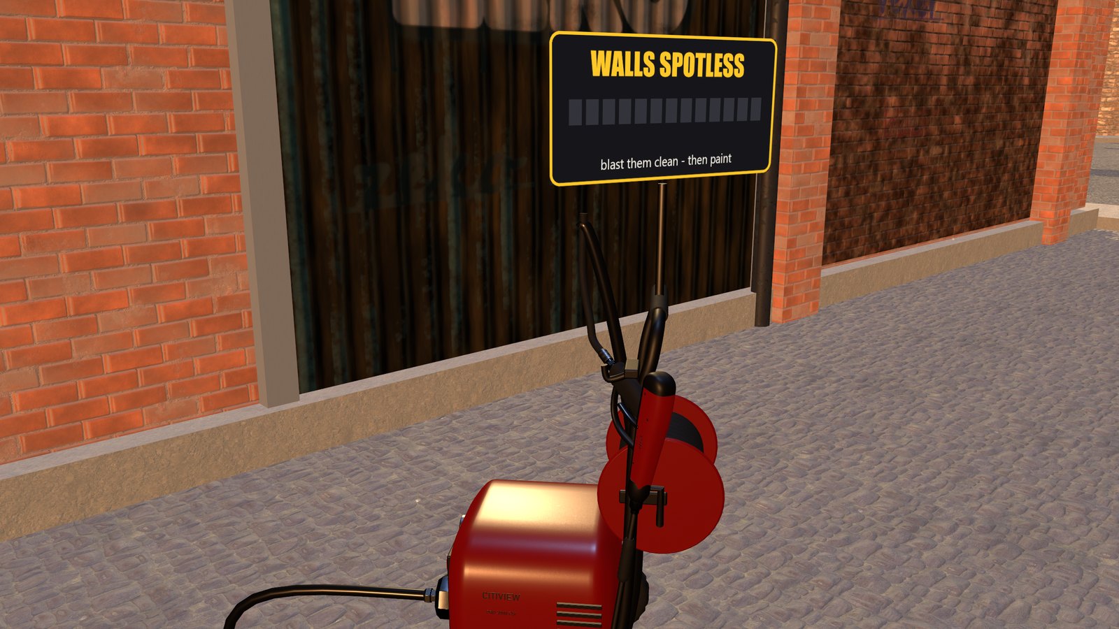 The red pressure washer cart with the gun in its holster