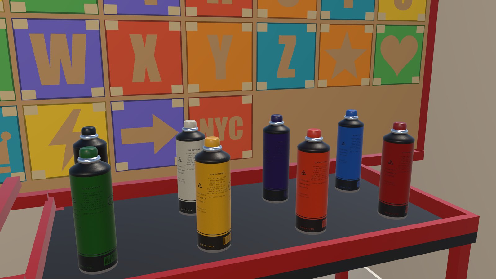 The rolling paint cart with eight CITIVIEW cans and the A to Z stencil board