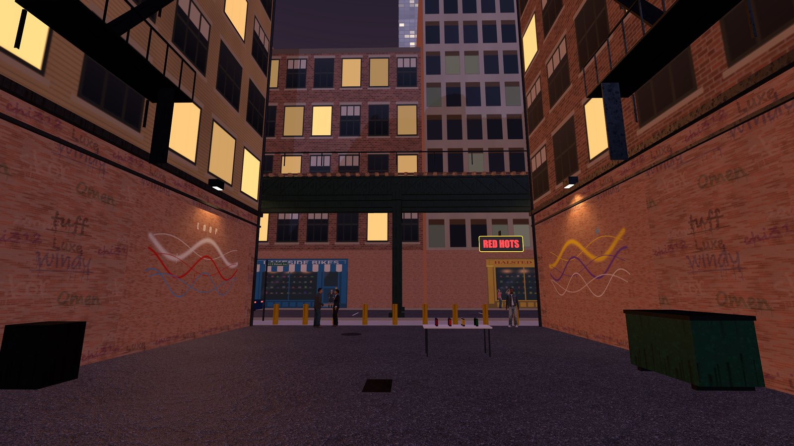 The L crossing over the end of a Loop alley at night