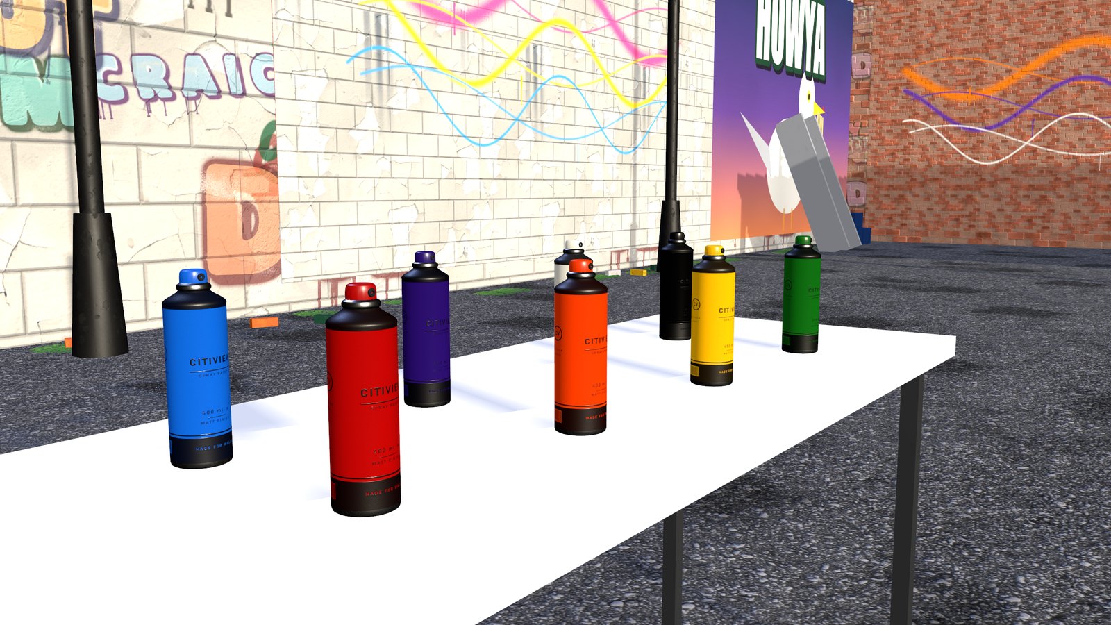 Spray cans on a table at the Tivoli hall of fame