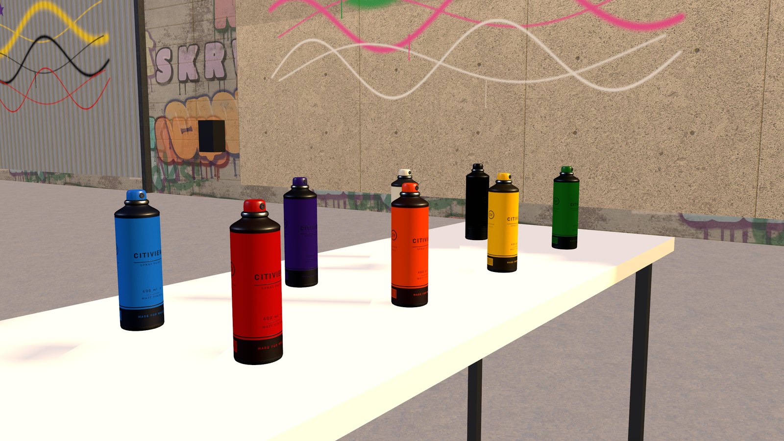 Spray cans on a table in an EaDo warehouse yard