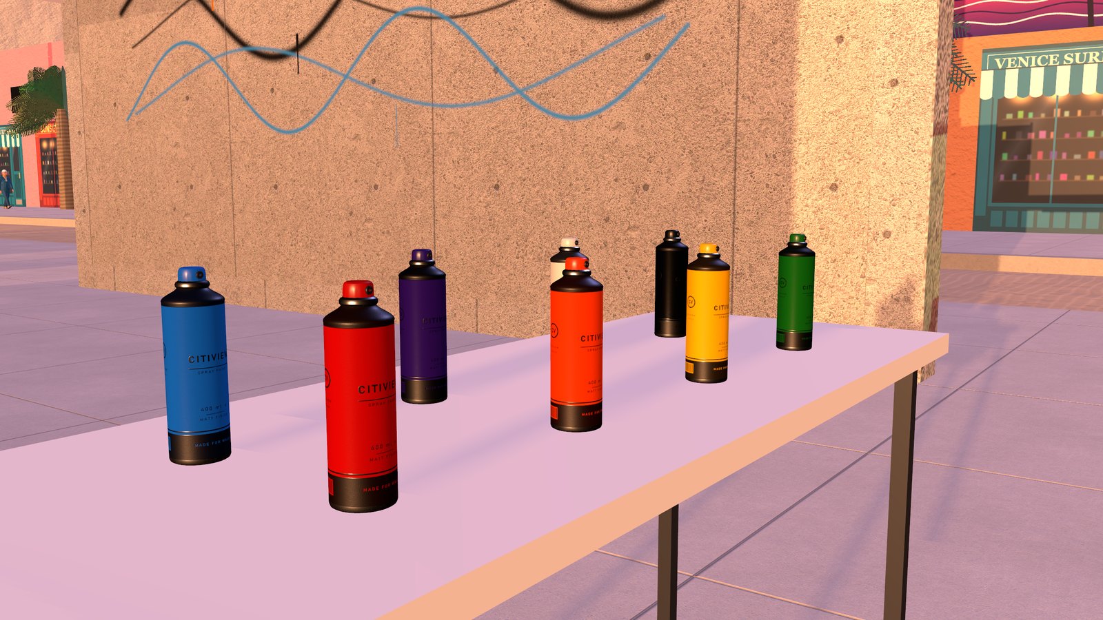 Spray cans on a table at the Venice Art Walls