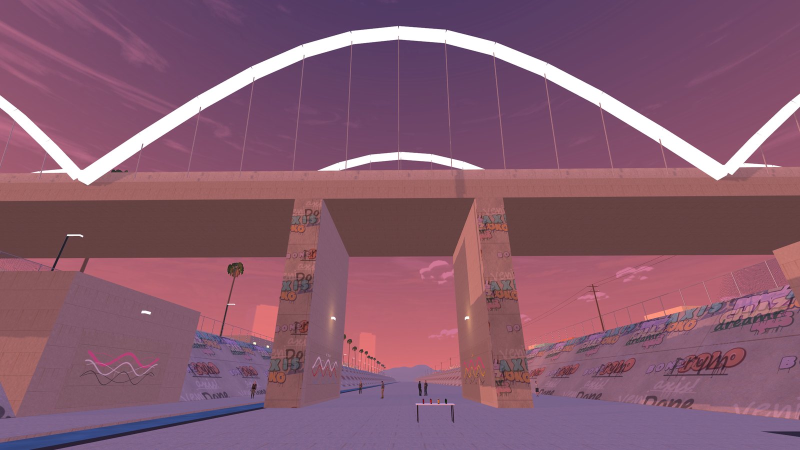 The lit arches of the 6th Street Viaduct over the LA River