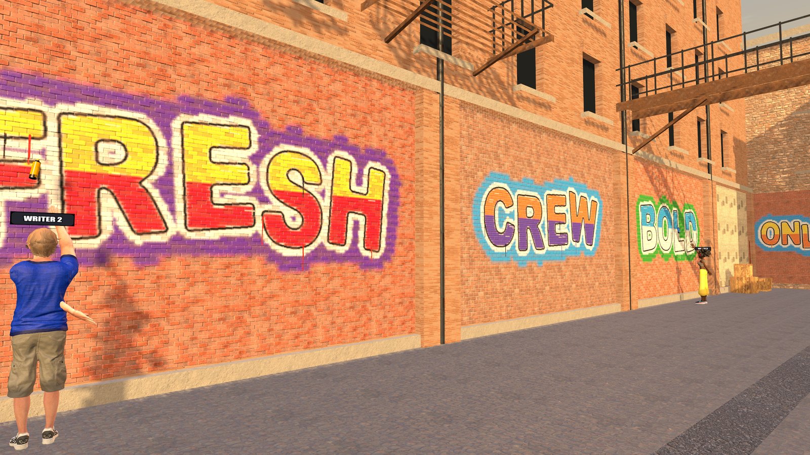 Three writers painting the west wall of the alley together