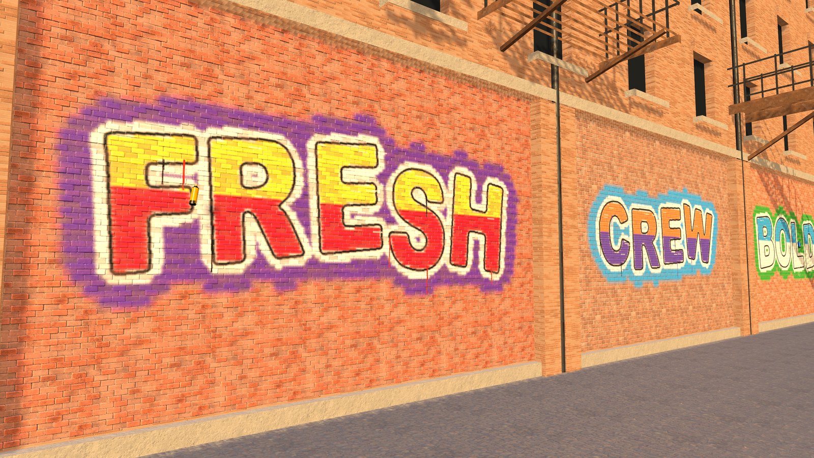 A writer spraying a piece on the raked brick wall
