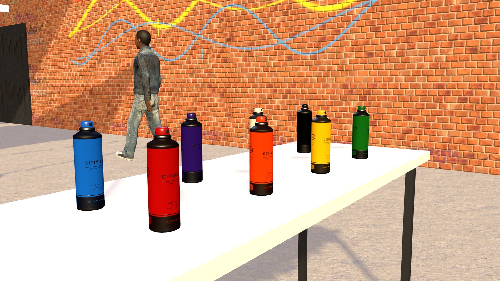 Spray cans on a table in a Roosevelt Row mural alley