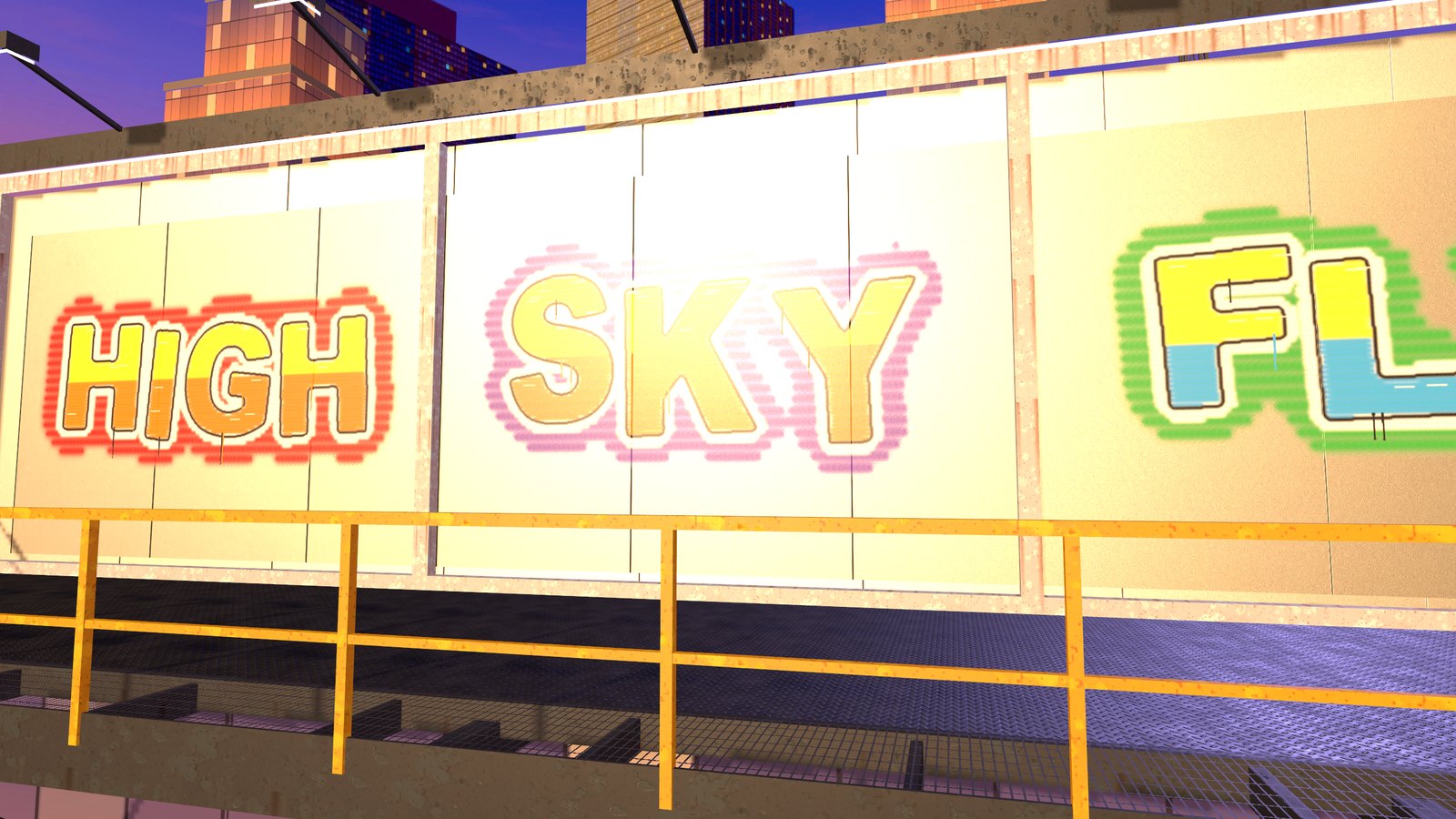 A billboard catwalk hanging off a skyscraper with graffiti on the boards