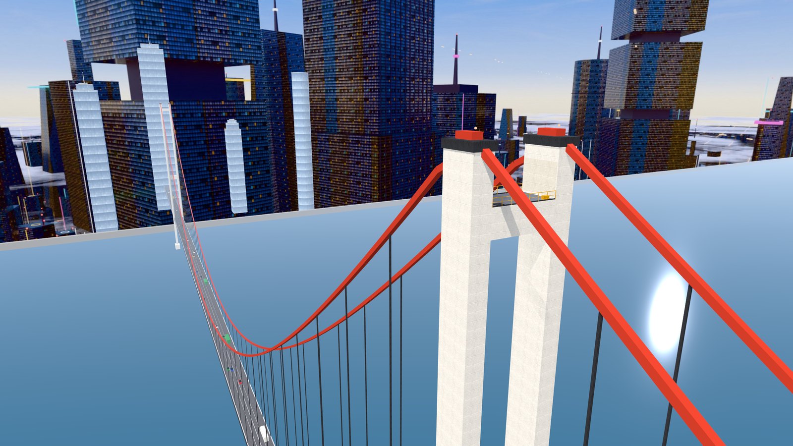 A suspension bridge tower high above a river with red main cables