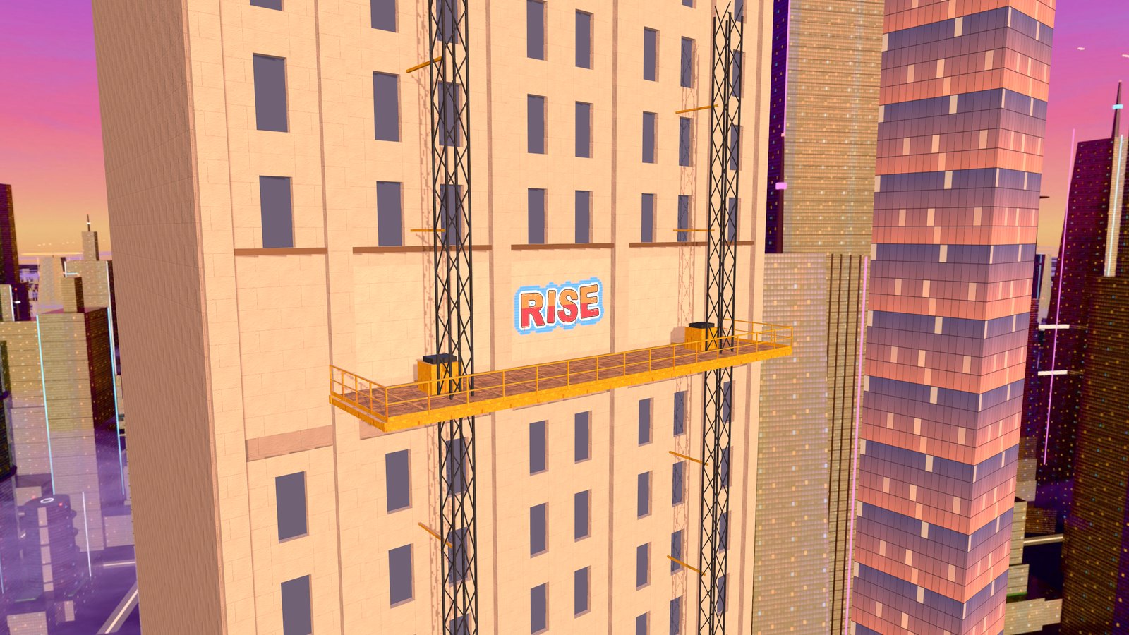 A work platform on the face of a stone skyscraper