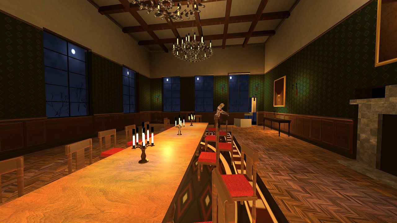 The long candle-lit dining hall