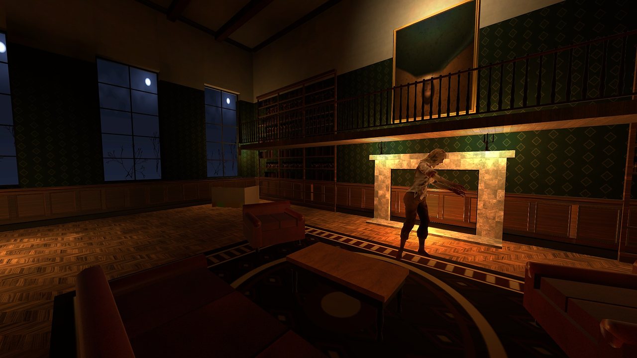 A zombie by the library fireplace