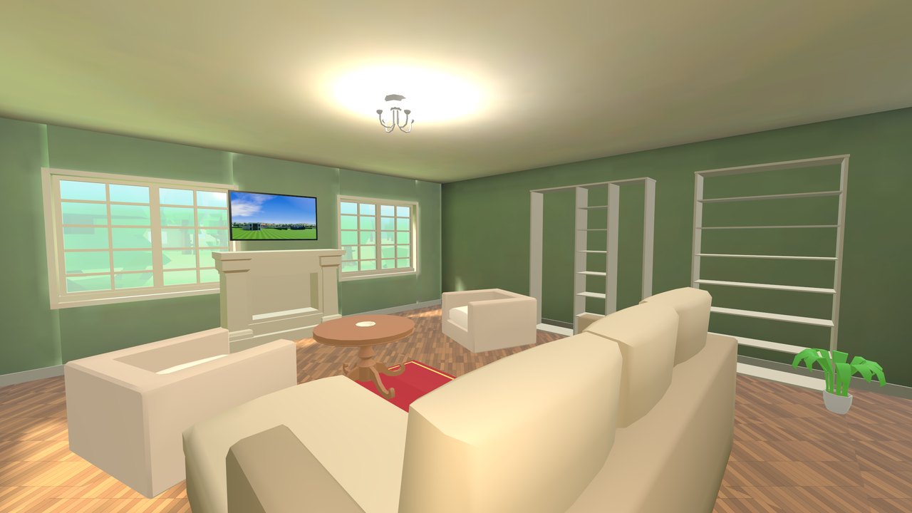 A furnished living room with sunlight through the windows