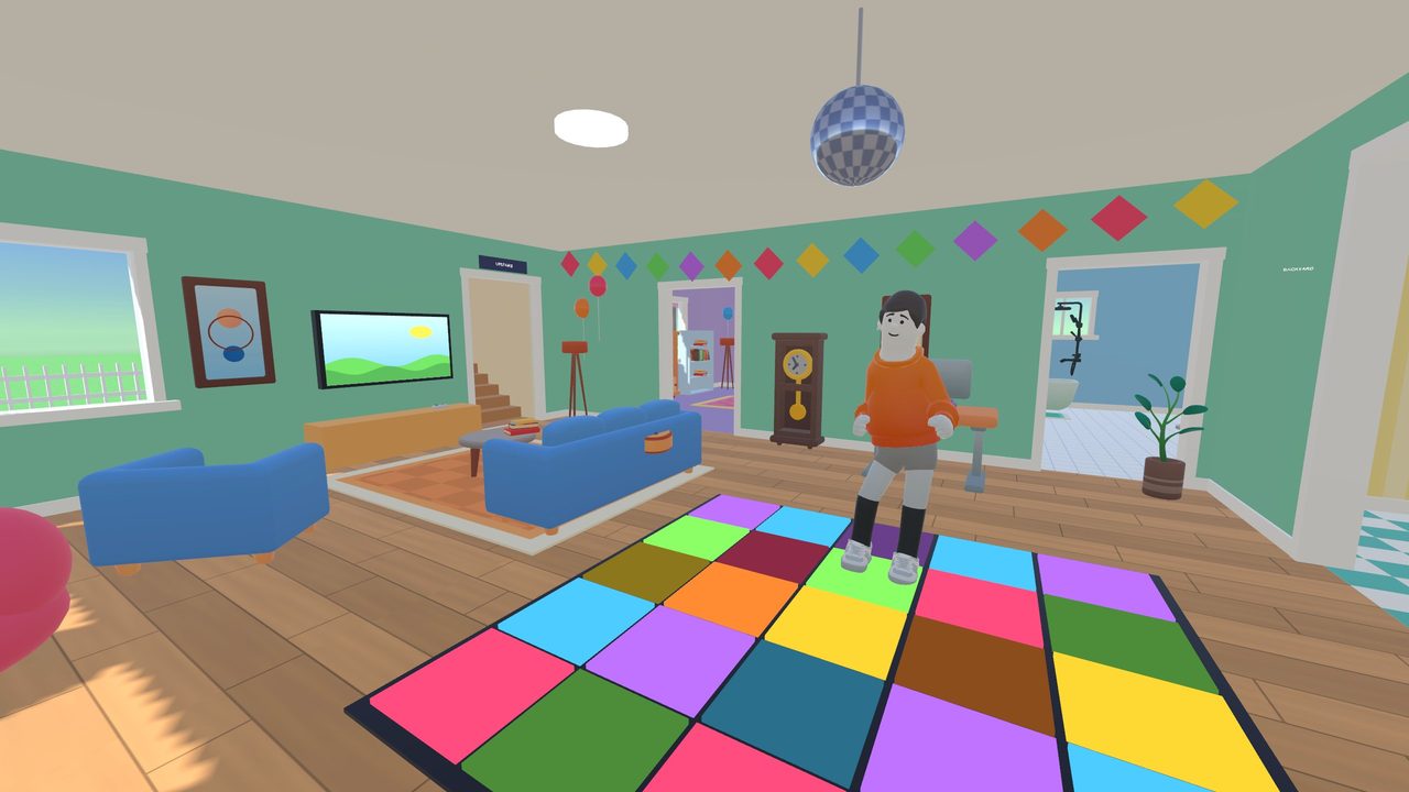 A guest dancing on the living-room disco floor