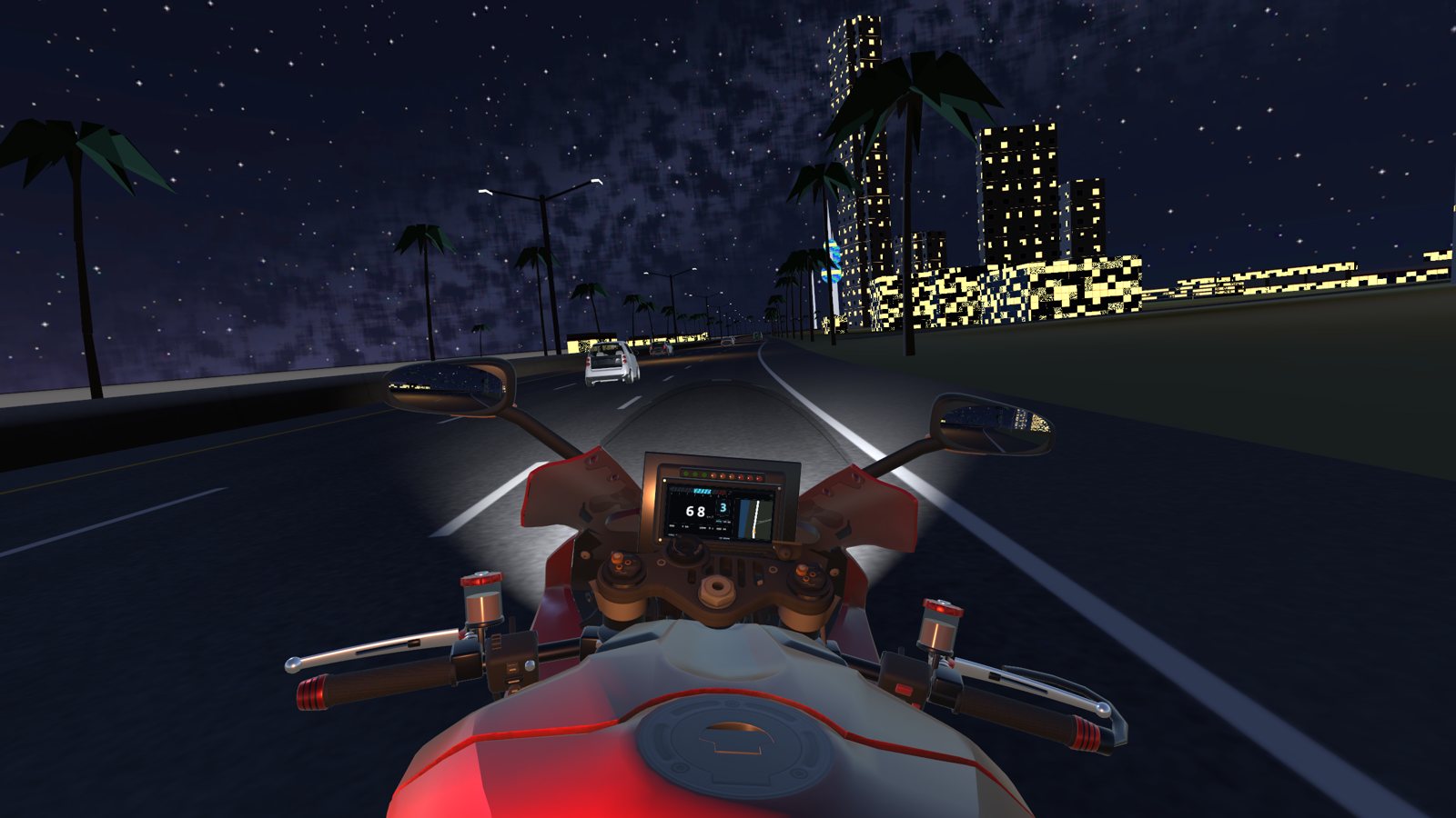 Night on the Gulf Road under the lit skyline