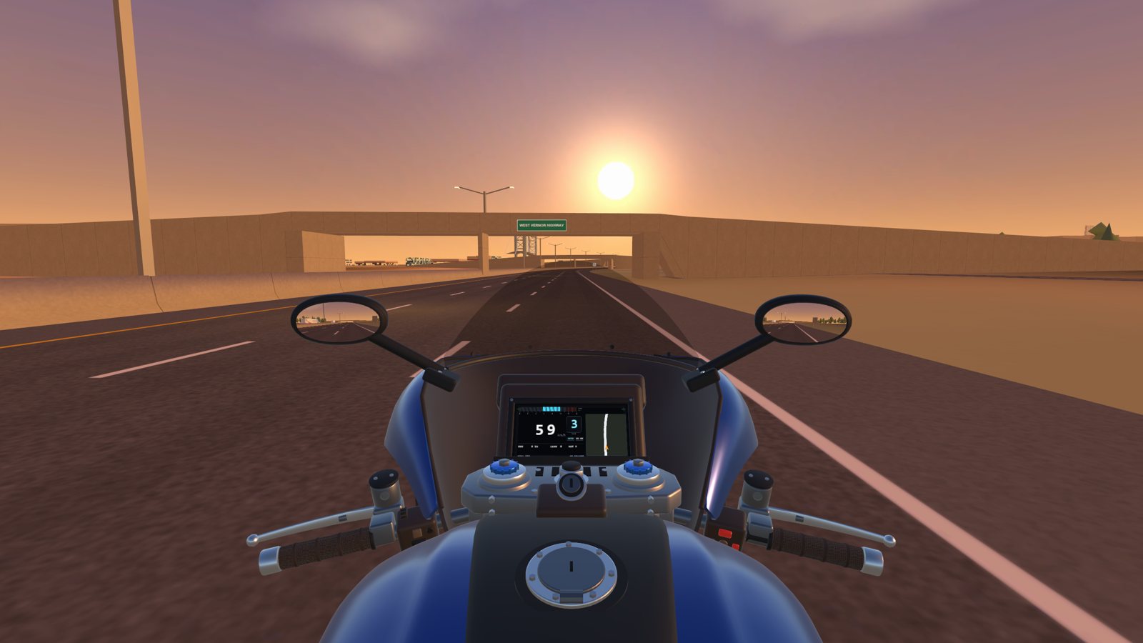 The rider's view on the Fisher Freeway at sunset