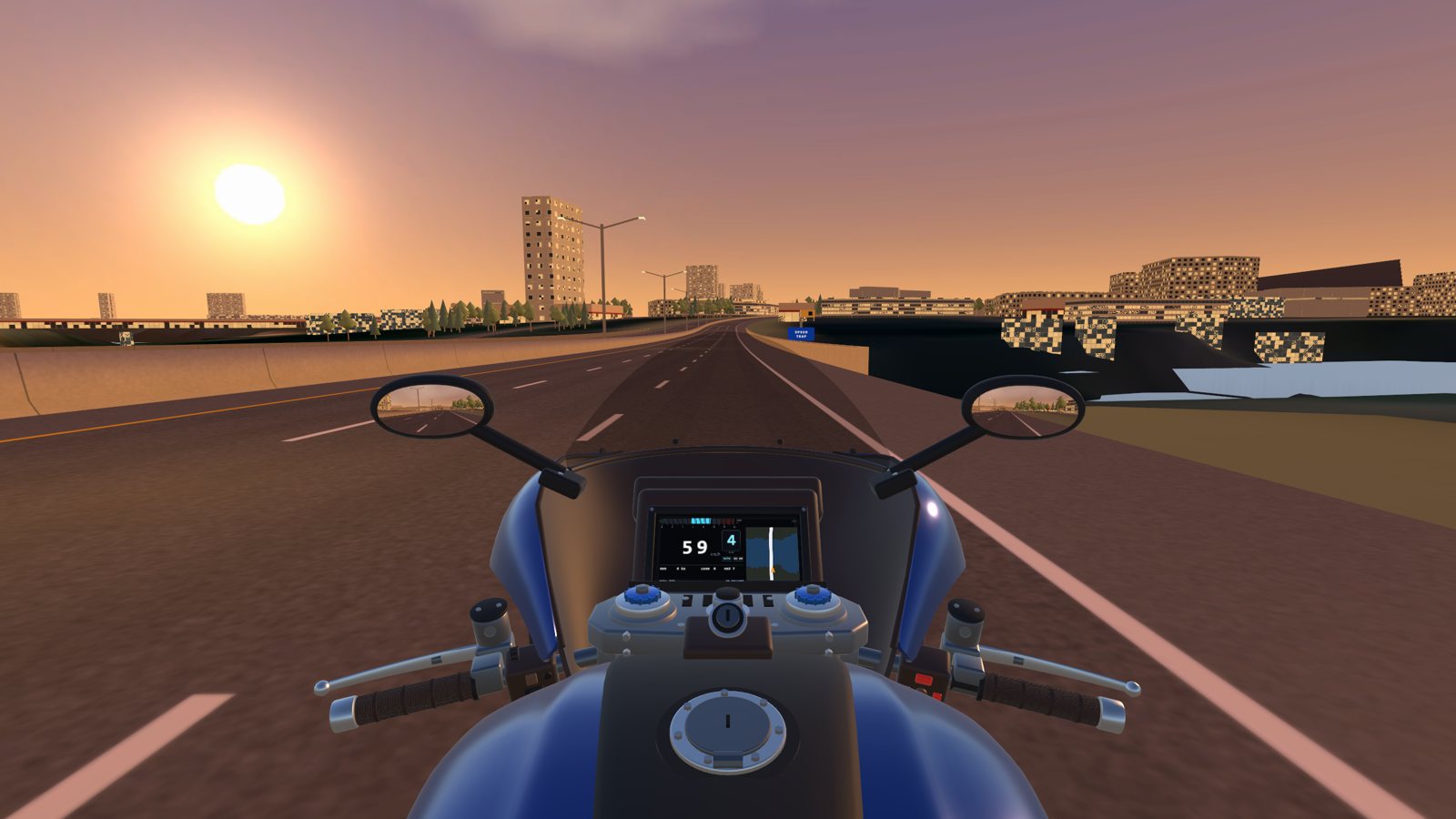 The rider's view on I-35W at sunset