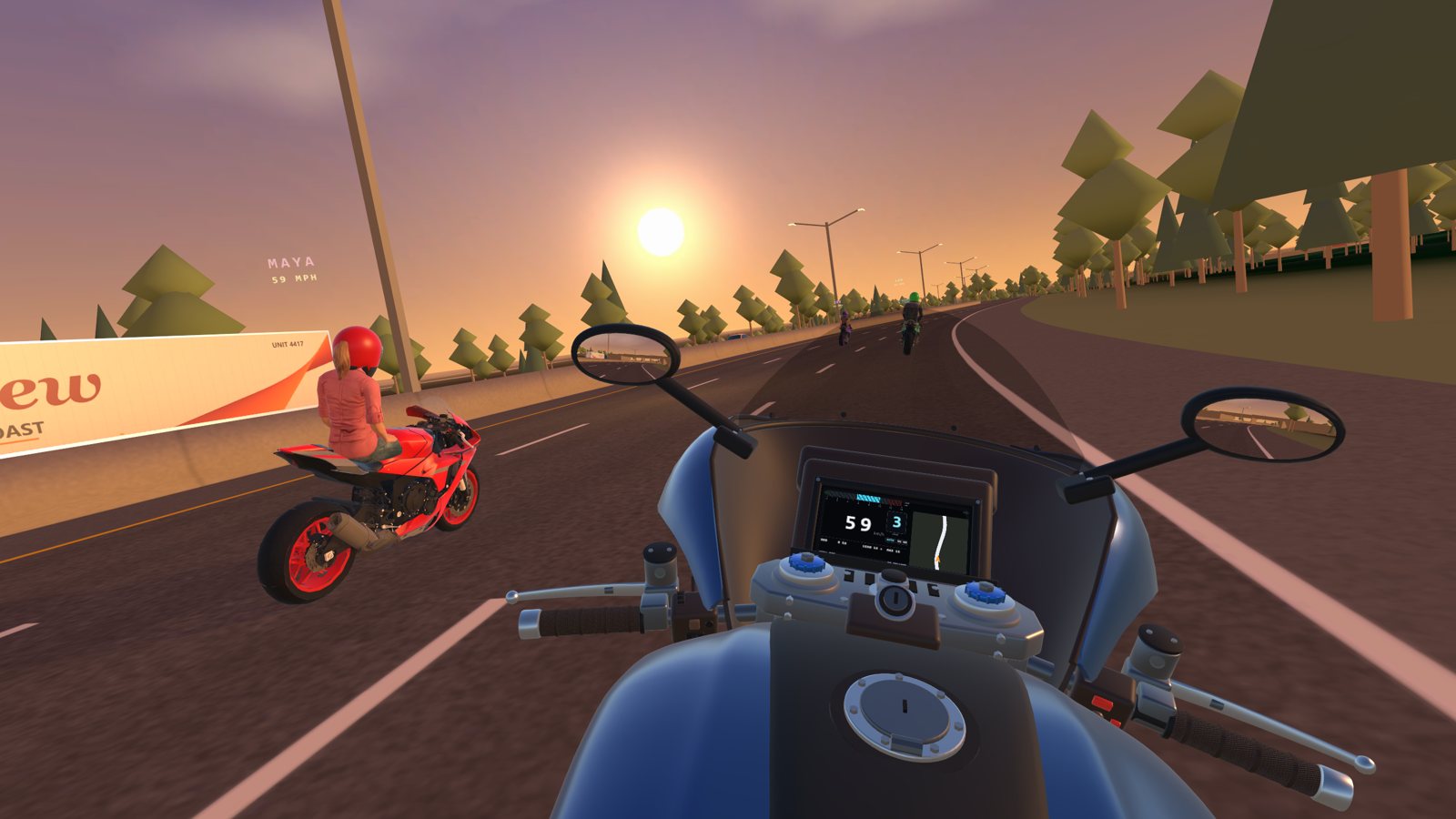 Riding with friends on I-55 at sunset