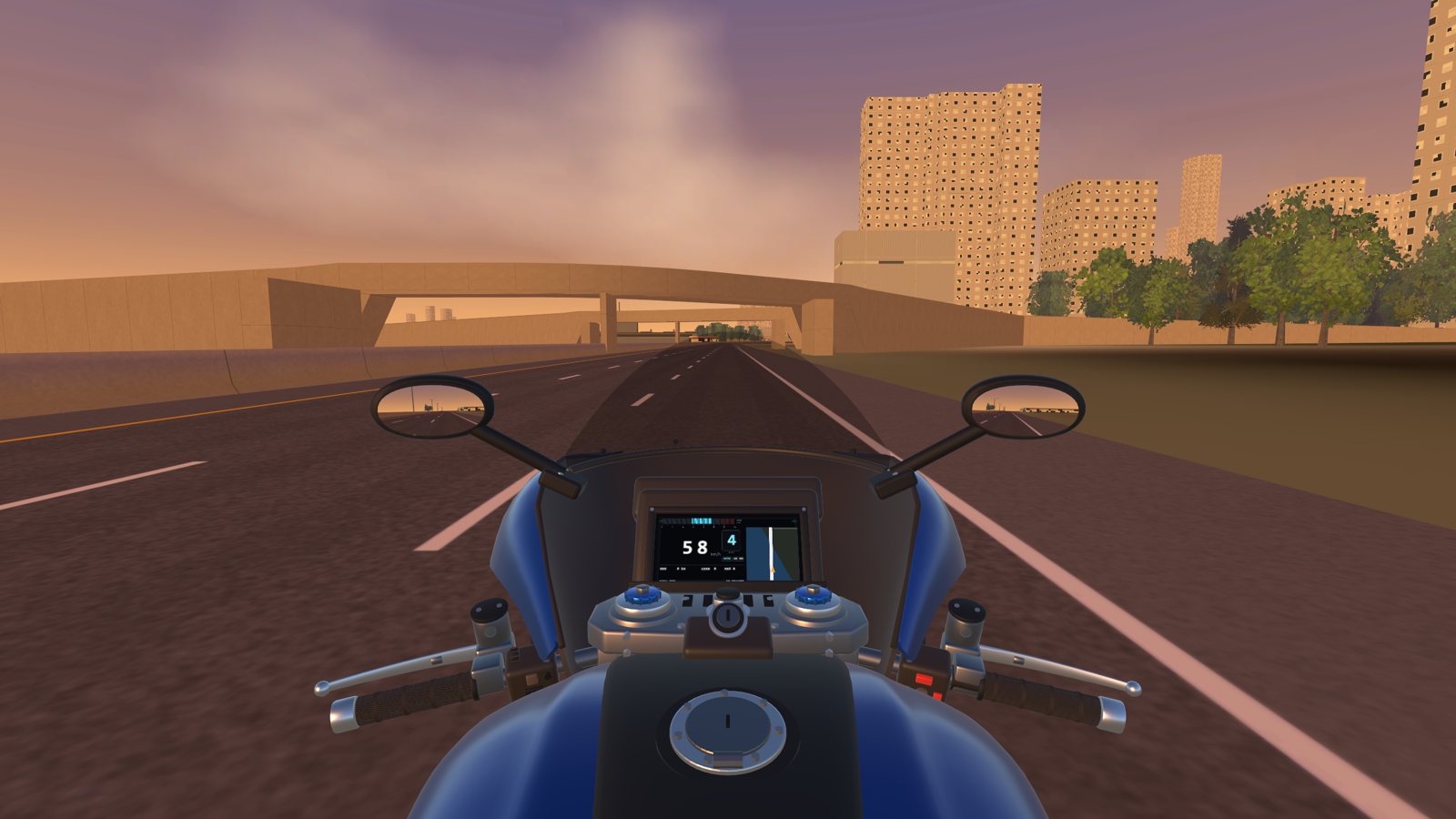 The rider's view on the West Side Highway at sunset