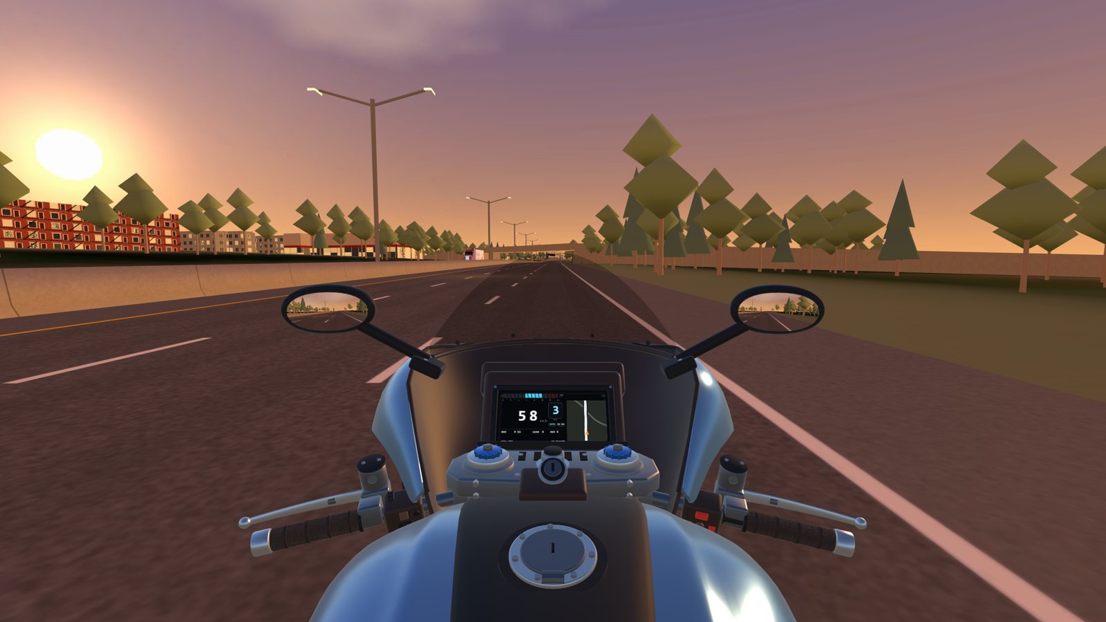 The rider's view on I-77 at sunset