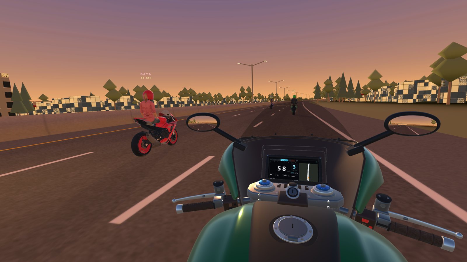 Riding with friends on I-94 at sunset