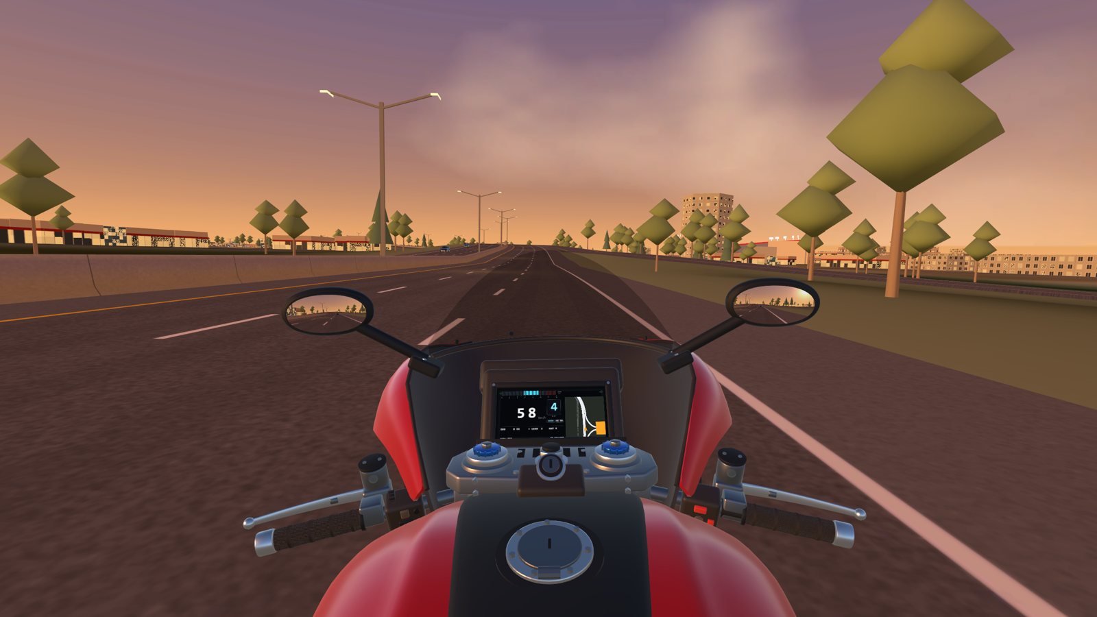 The rider's view on SR 315 at sunset