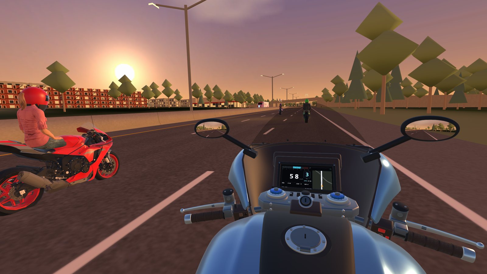 Riding with friends on I-77 at sunset
