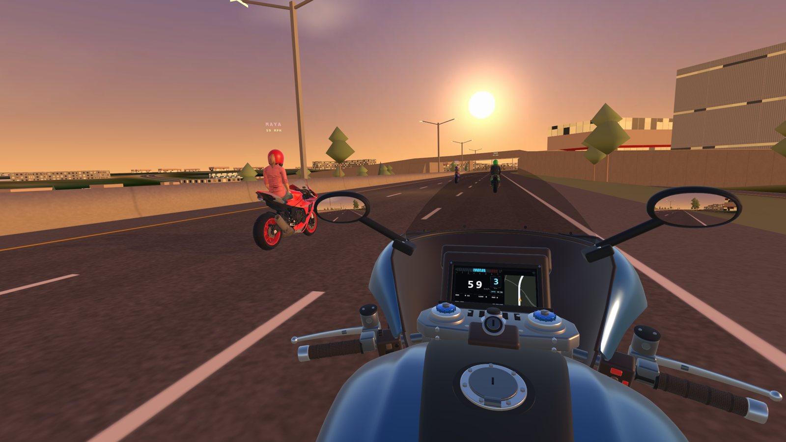 Riding with friends on I-95 at sunset