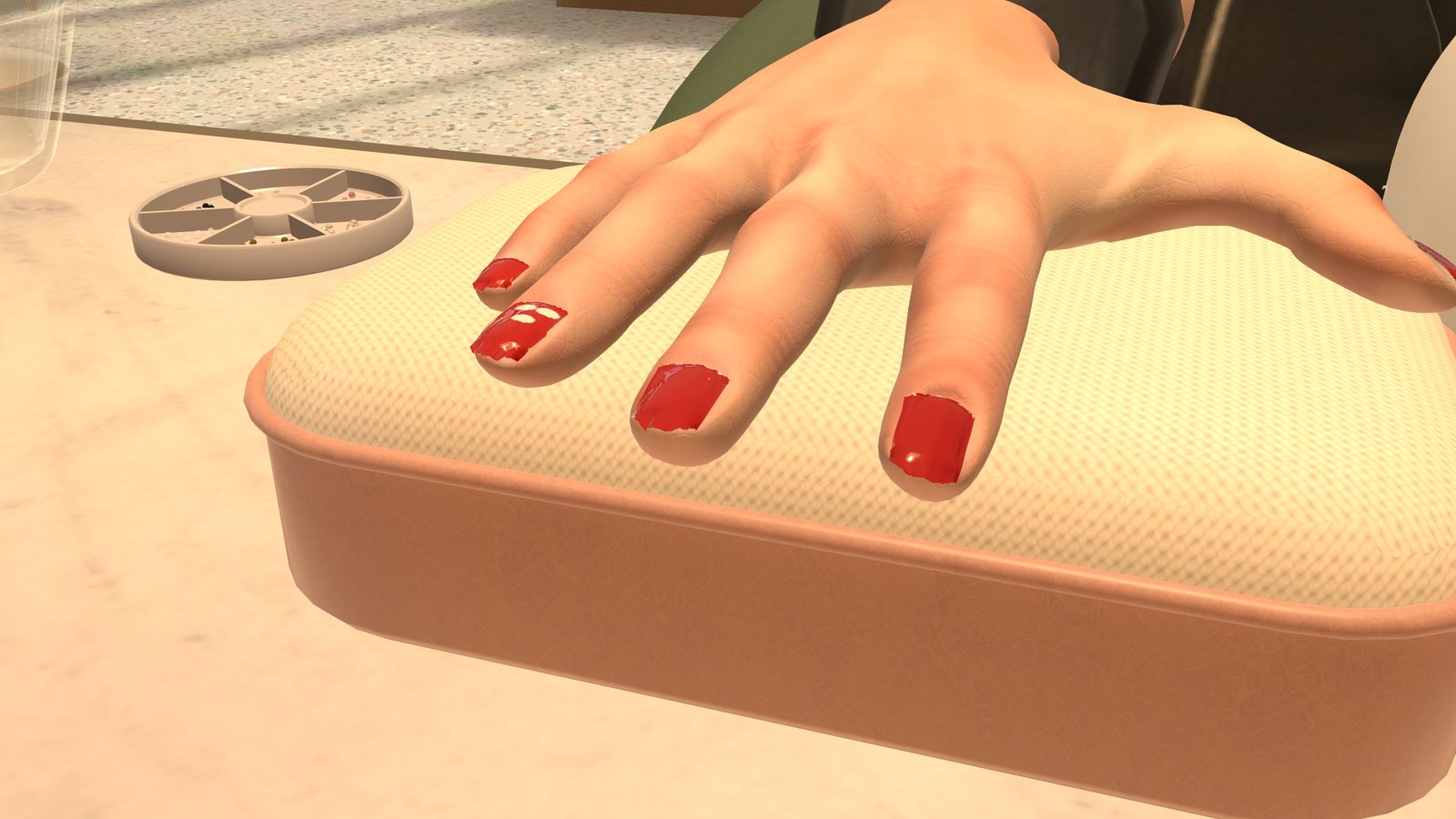 A glossy red manicure with white dots