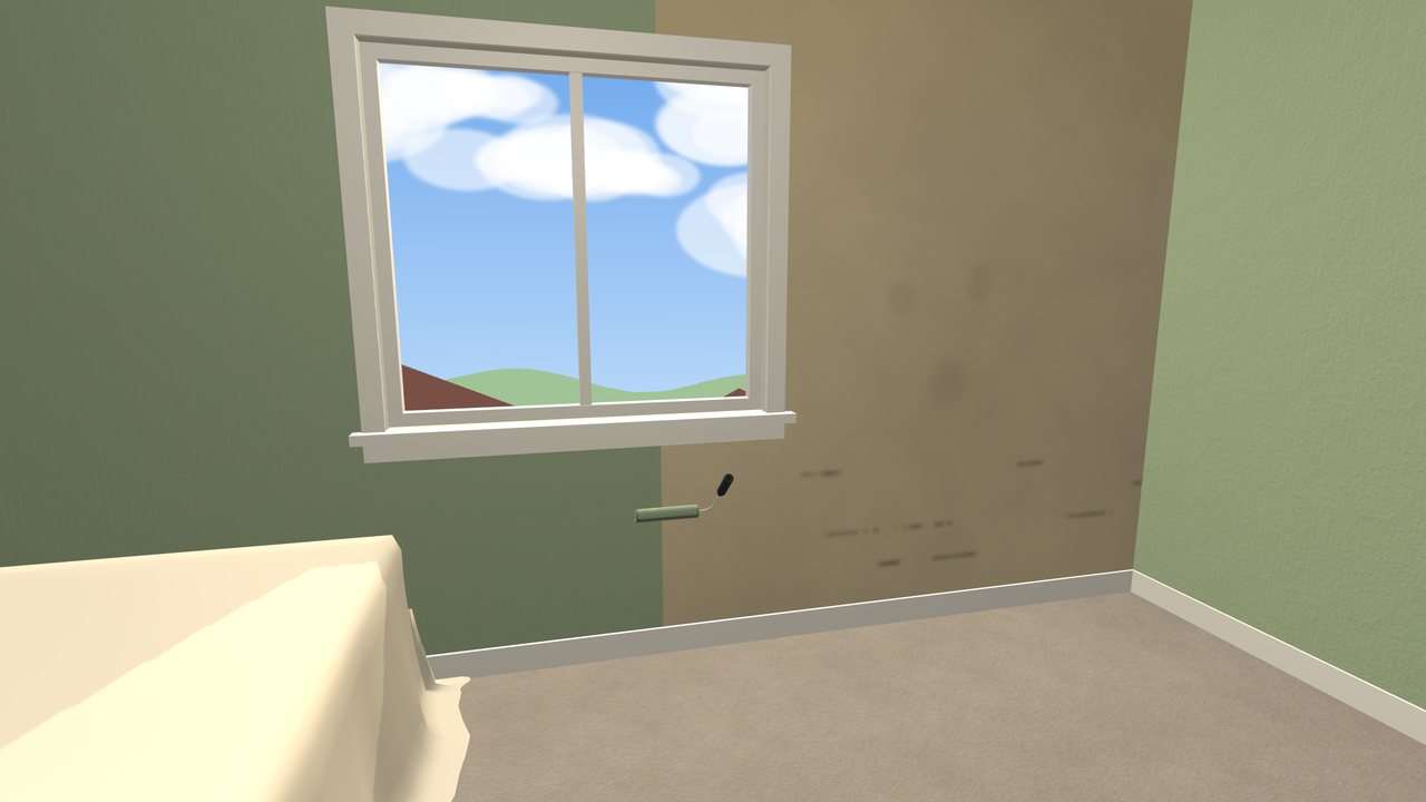 A bedroom half painted in Sage with a roller on the wall