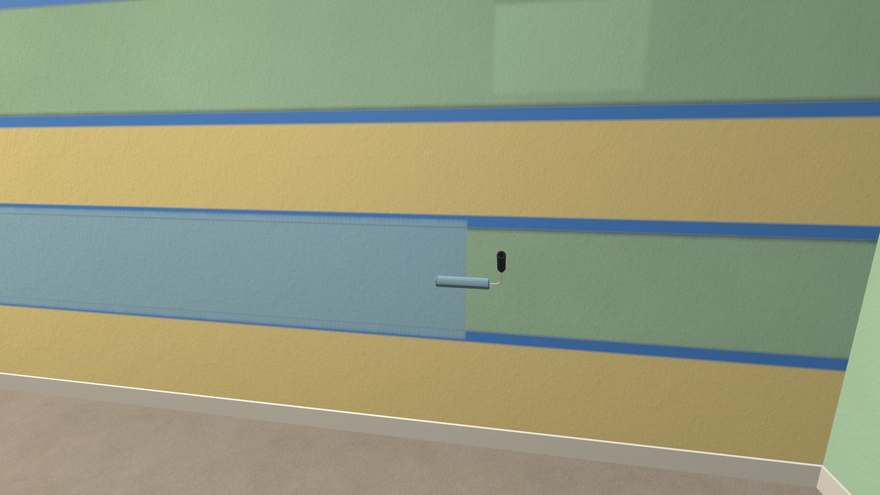 Masking tape on nursery stripes, a blue stripe being rolled