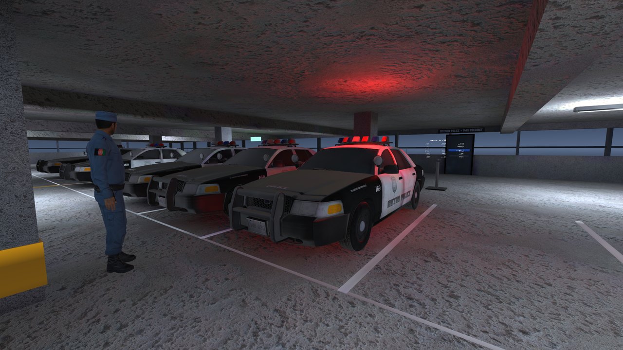 Crown Victoria patrol cars in the precinct's underground motor pool, one with its light bar lit