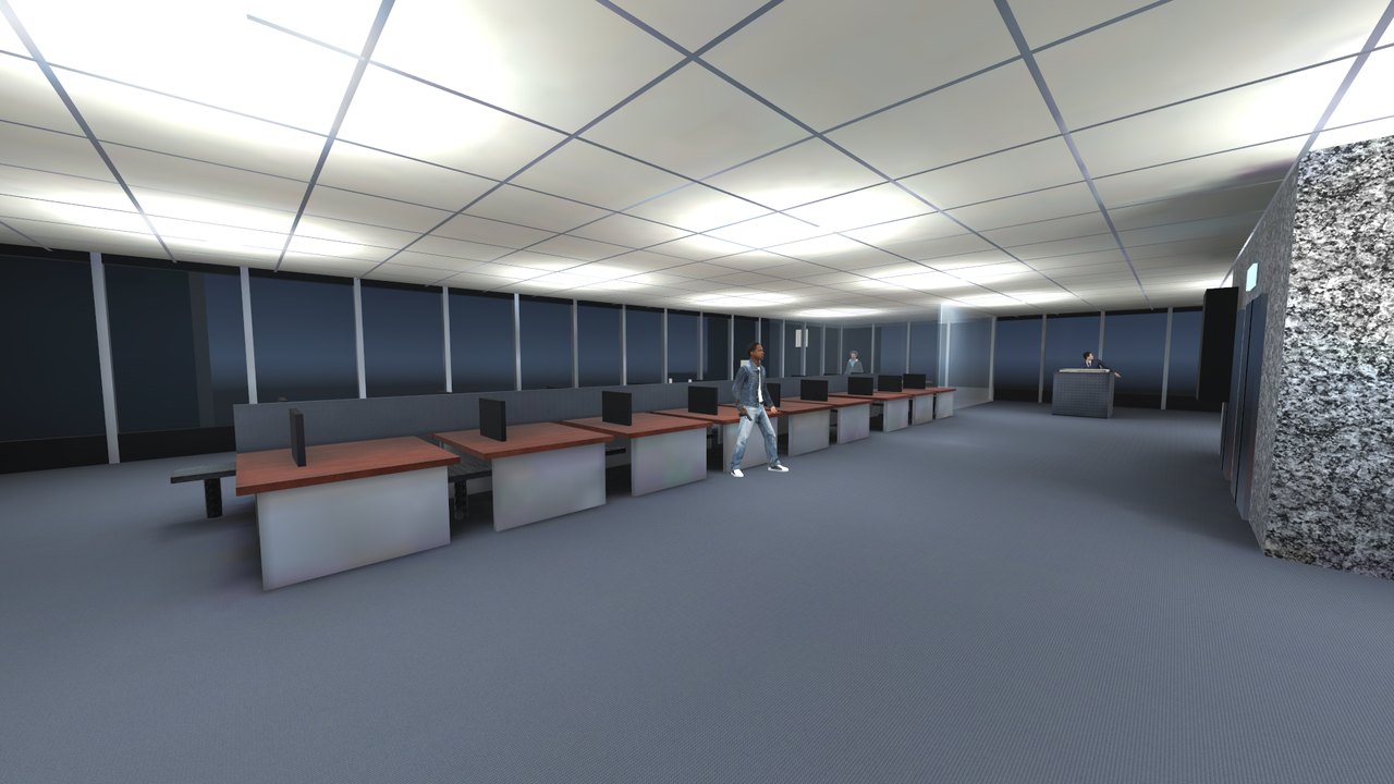 The open-plan floor of Skyline Offices at night