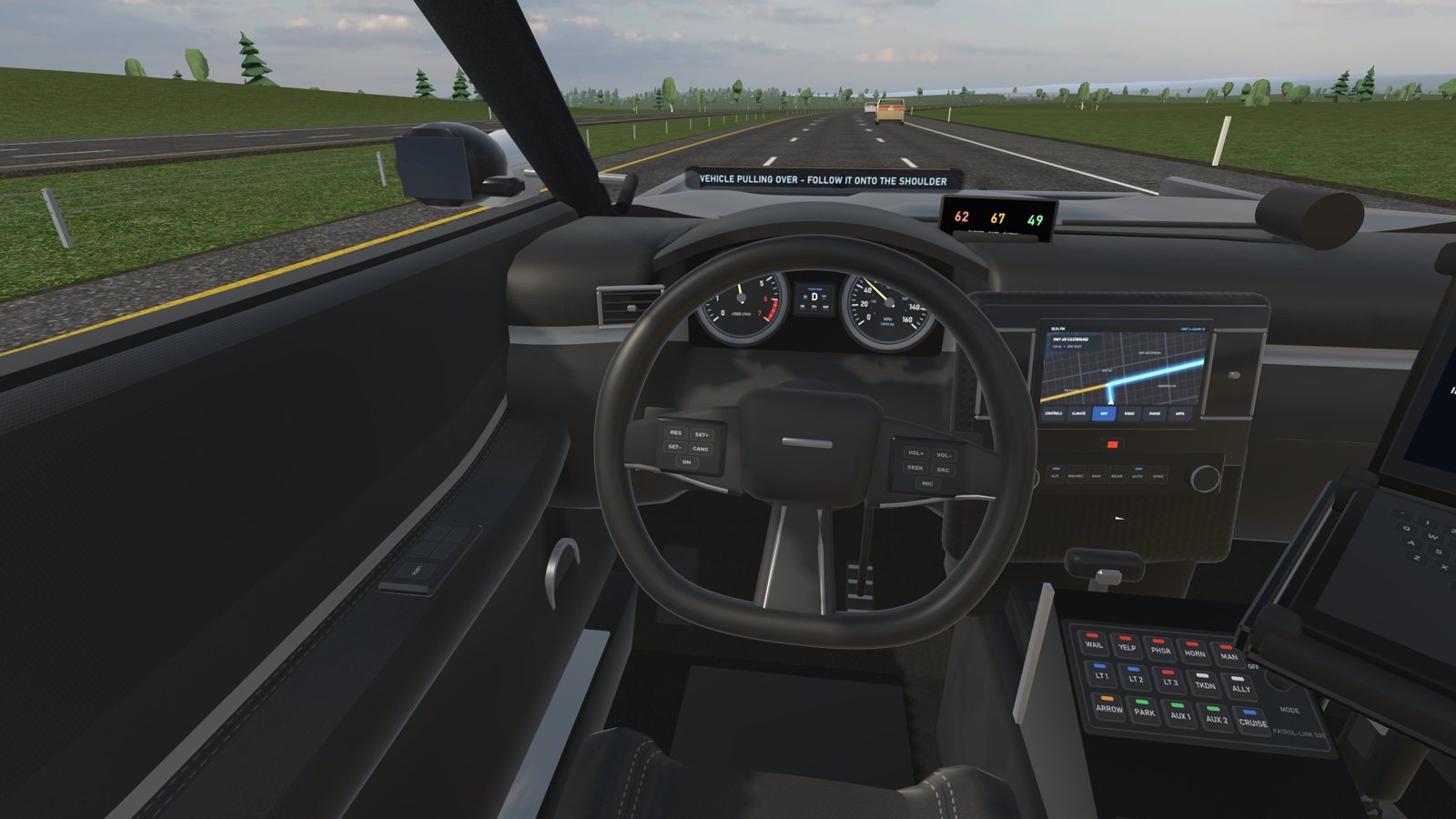 The cruiser interior: wheel, MDT laptop and light bar switches