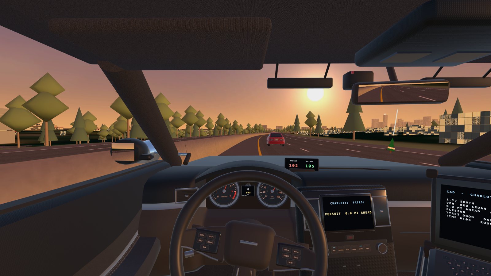 Chasing a stolen sedan into Uptown Charlotte at sunset
