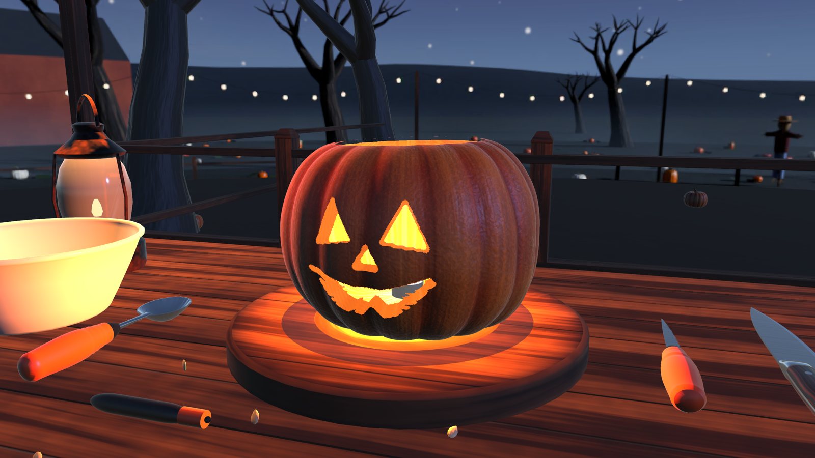 A lit jack-o'-lantern on the workbench