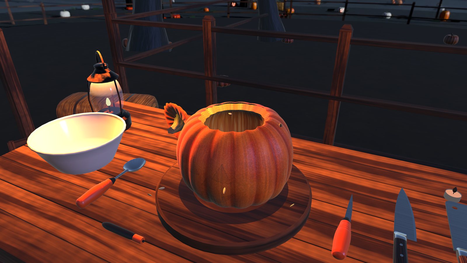 The lid sawn off and lifted beside the pumpkin