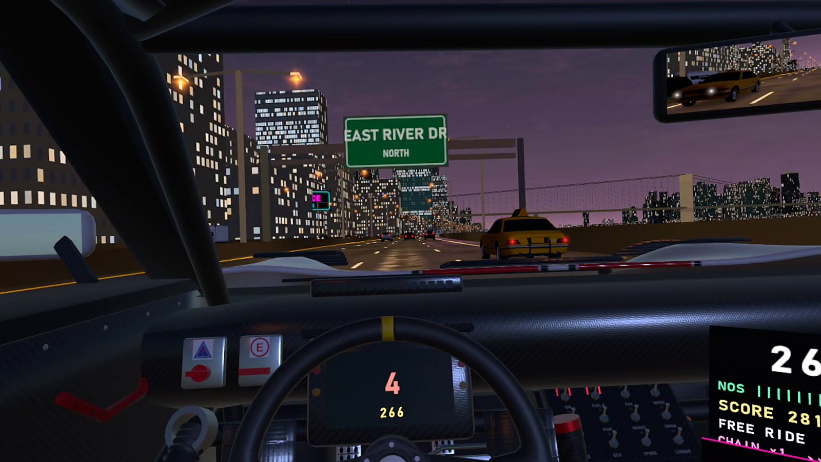 The East River Drive at night from the cockpit, a taxi ahead