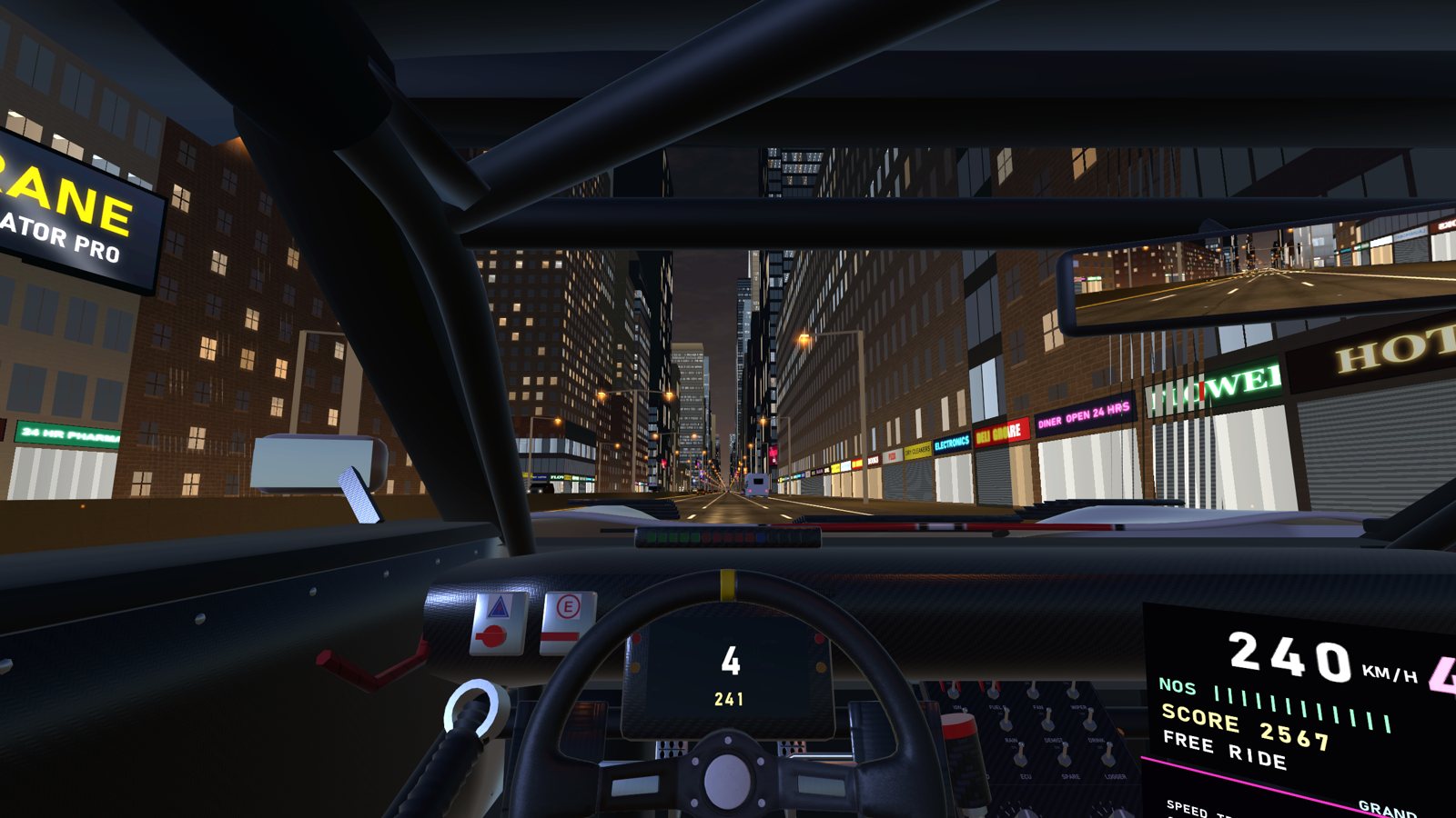 Shop fronts and signs on 42nd Street at 240 km/h
