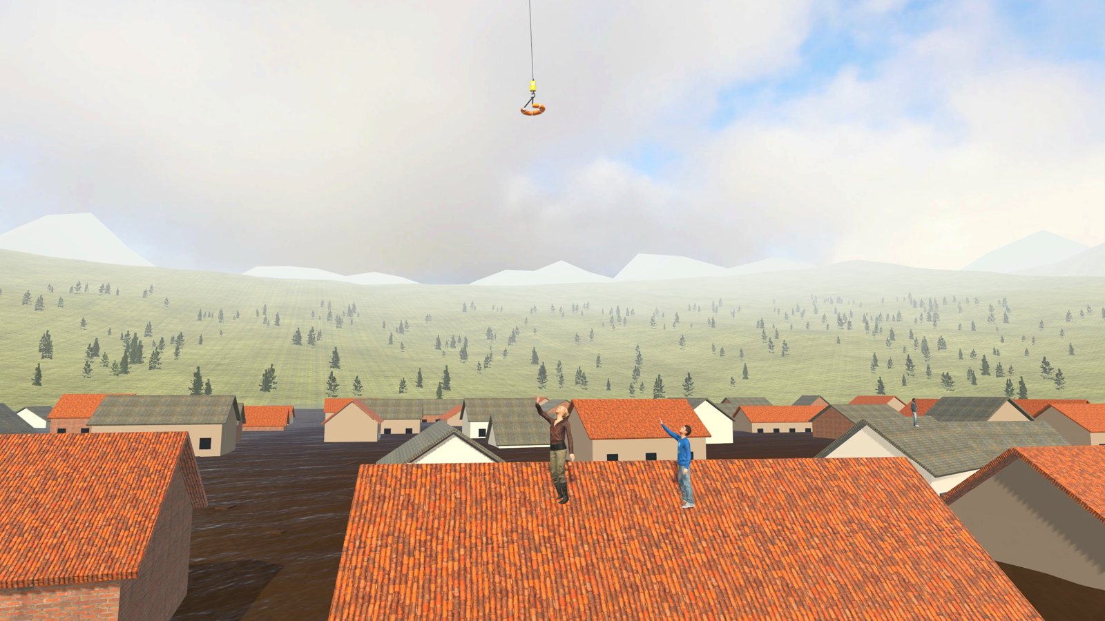 A mother and son on a flooded roof