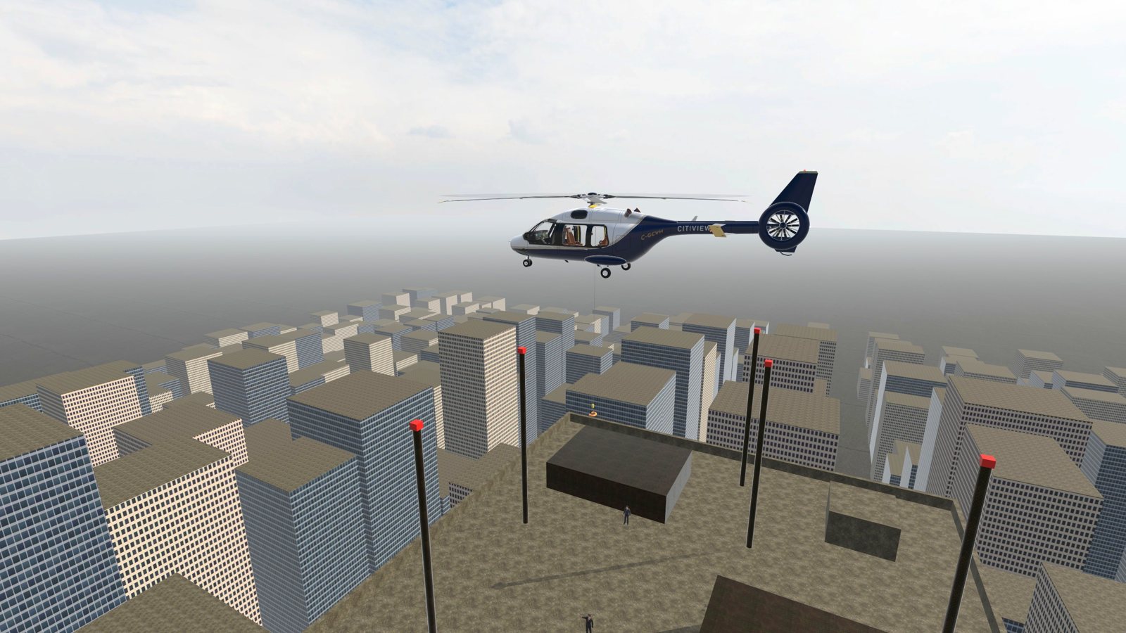The helicopter over the burning city