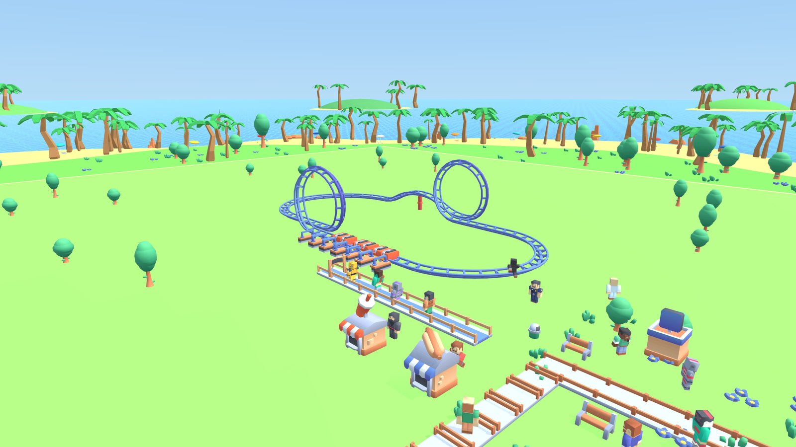 A finished coaster with two loops beside the station, guests on the paths
