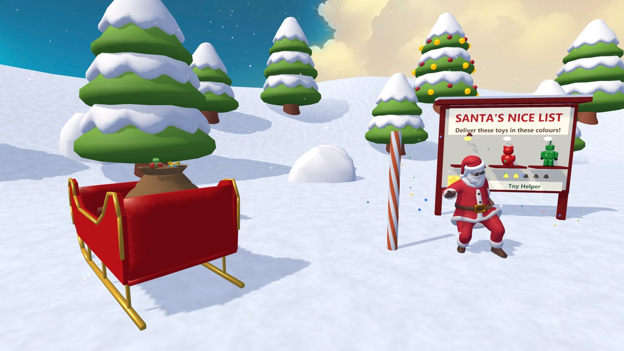 Santa dancing by his sleigh and the Nice List board