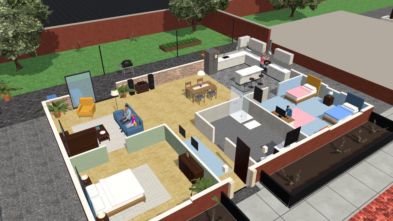 The family flat seen from above as a dollhouse, rooms open to the sky