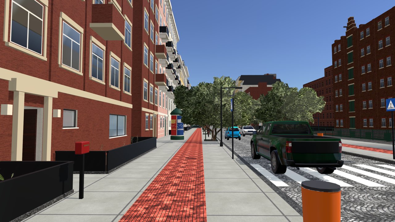 The cobbled street at life size with the red bike lane and Altbau houses