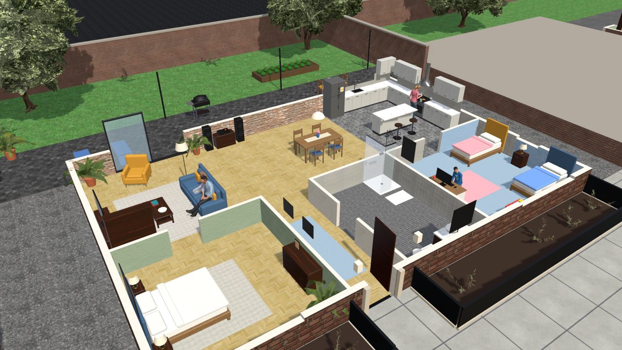 The family flat seen from above as a dollhouse, rooms open to the sky