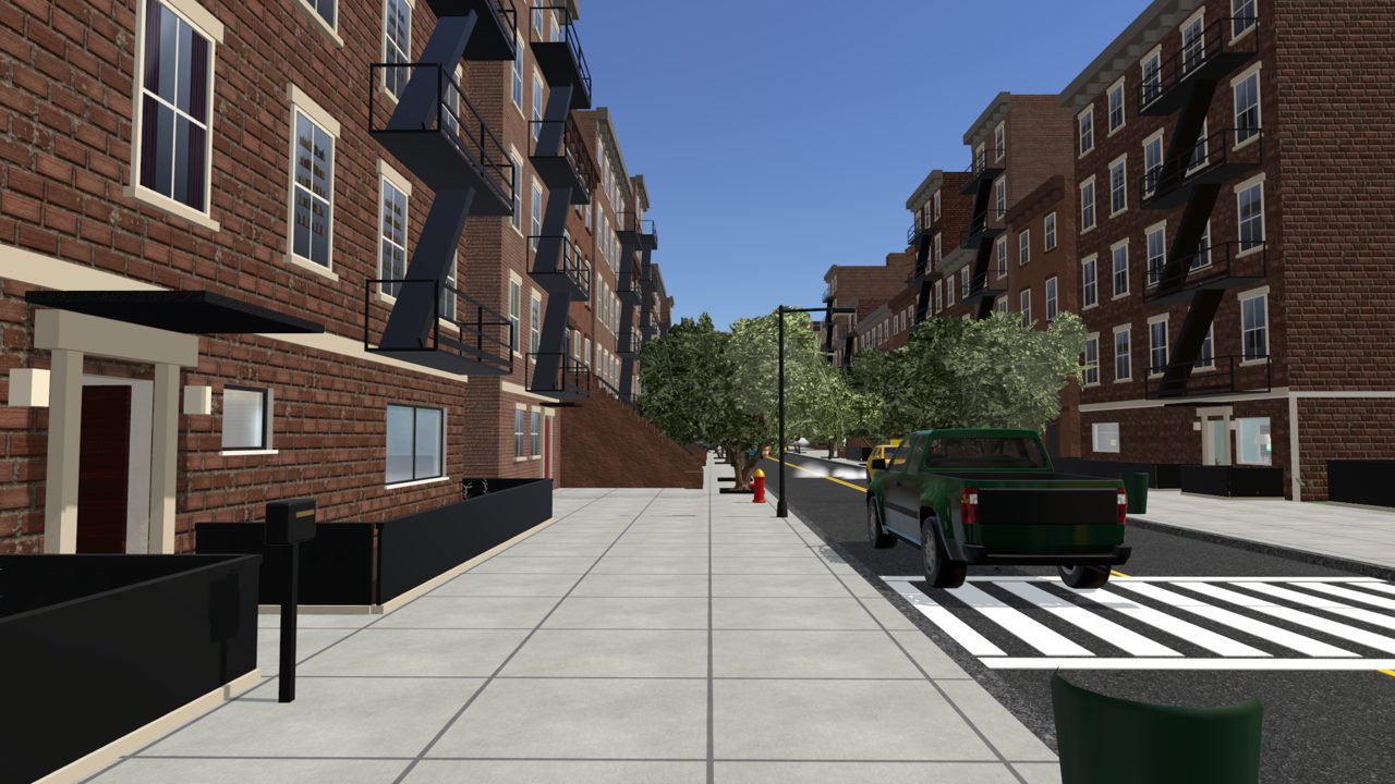 The sidewalk at life size, red-brick walk-ups and cars on the street