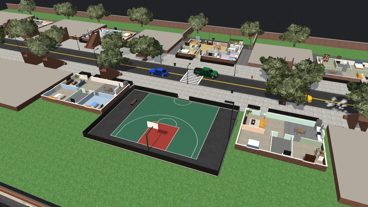 The block from above with the basketball court and the street